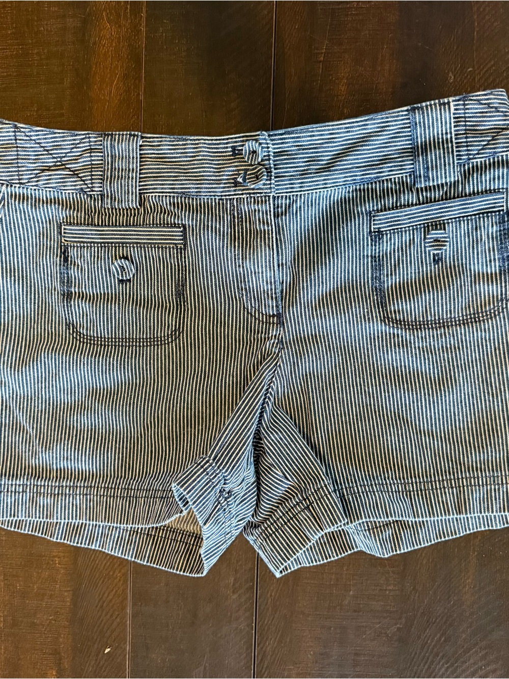 LOFT Blue and White Pinstripe Jean Bermuda Shorts